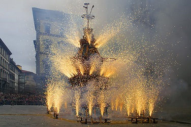 lit fireworks on a wagon